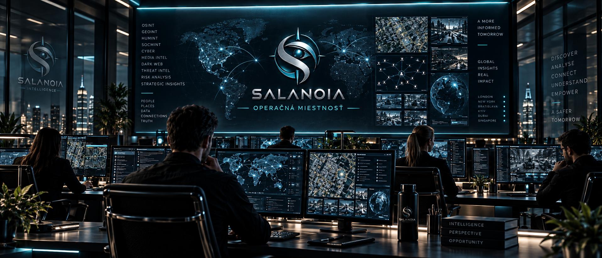 Salanoia Intelligence - operačná miestnosť: OSINT, GEOINT, SOCMINT, analýza hrozieb