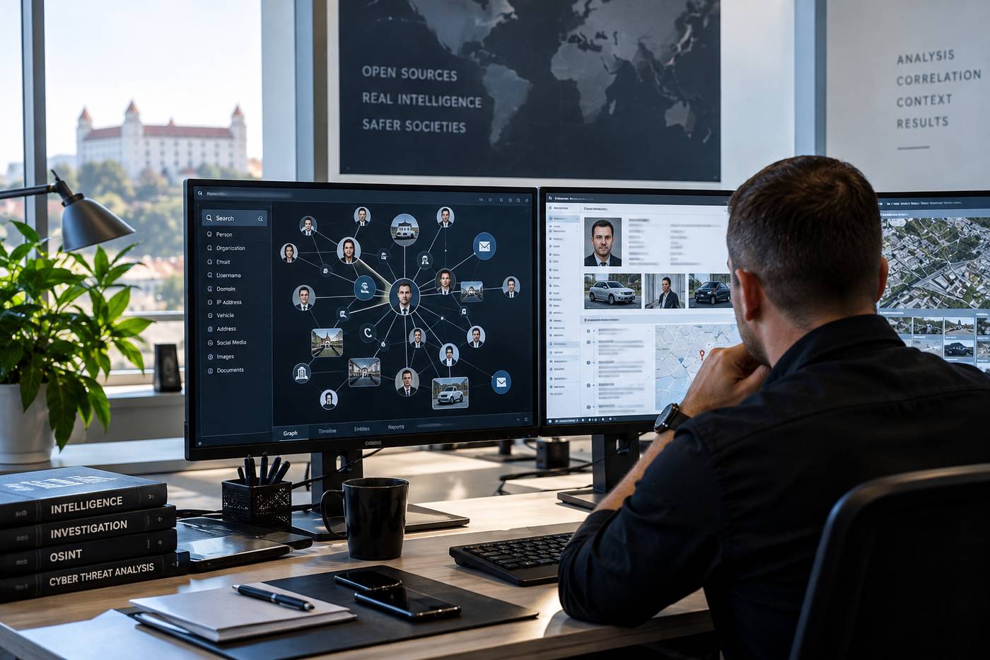 Analytik OSINT pri grafe vzťahov osôb, vozidiel a miest - pracovisko s výhľadom na Bratislavský hrad