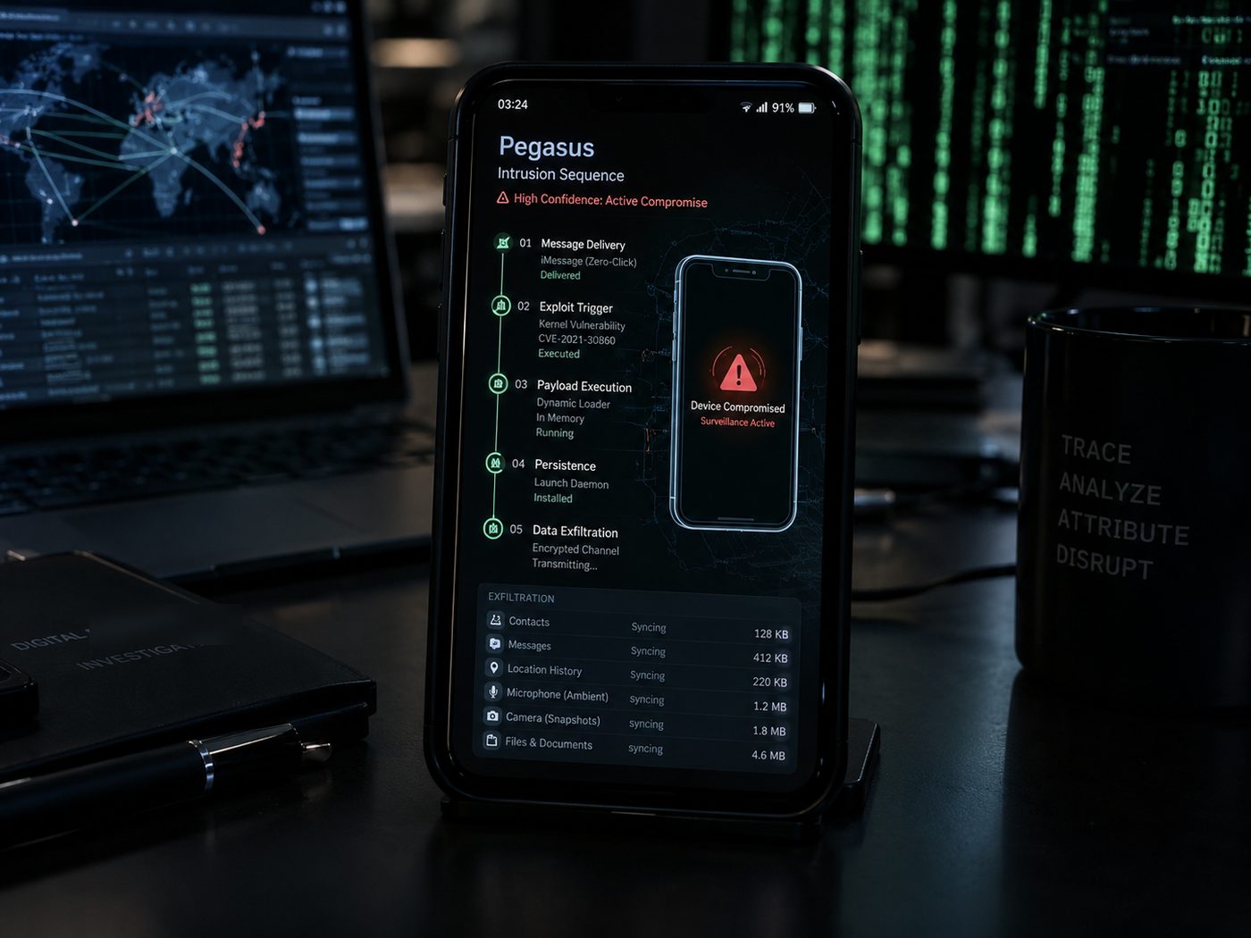Rekonštrukcia priebehu útoku Pegasus - doručenie cez zero-click iMessage, spustenie exploitu, perzistencia a exfiltrácia kontaktov, správ a polohy zo zariadenia