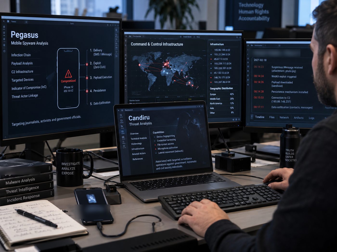 Analytické pracovisko CyberPro - analýza spyware Pegasus a Candiru, mapa Command & Control infraštruktúry a časová os infikovaného telefónu